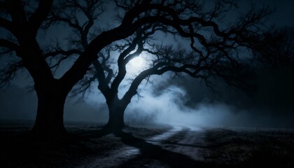 Eerie Moonlit Night Silhouetted Ancient Trees and Winding Path Shrouded in Dense Mystical Fog