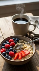 Healthy Oatmeal Breakfast with Berries and Coffee.