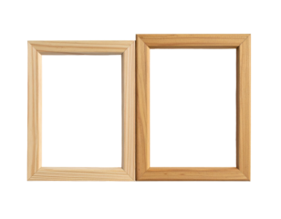 Two connected rectangular wooden frames with dark empty space, isolated on black