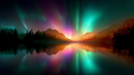 Obraz premium Dawn breaks over a serene lake, reflecting brilliant auroras amidst a misty forest, creating a magical atmosphere, under soft natural light, showcasing colorful reflections and eth
