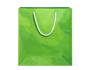 A vibrant green shopping bag with white rope handles, set against a black background