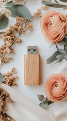 A beautifully arranged wooden USB drive sits gracefully among creamy rose blooms and gentle greenery.