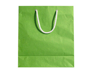 Bright green, square-shaped paper shopping bag with white rope handles