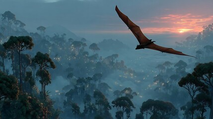 Dramatic fantasy landscape with giant bat soaring over misty jungle canopy at sunset, inspiring adventure and imagination in a captivating scene