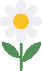 Flat Isolated Simple Daisy Flower with Green Stem and Leaves Illustration