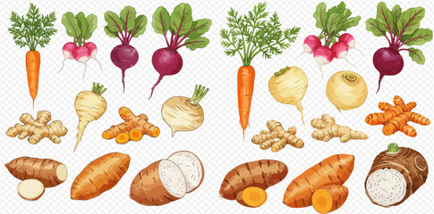 An illustration of various root vegetables including carrots, beets, radishes, ginger, and sweet potatoes.