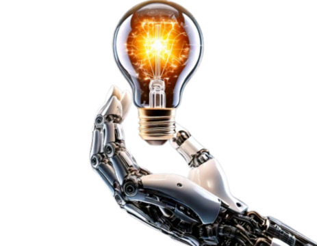 AI Robot Hand Holding a Glowing Light Bulb, symbol of innovation, isolated on a transparent background