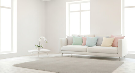 Minimalistic White Interior Living Room with Soft Pastel Accents and Cozy Design