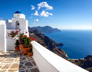 Panoramic view of a serene coastal landscape, featuring a white building with a blue dome overlooking a deep blue sea and rugged mountains