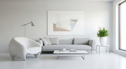 Minimalistic White Living Room with Sculptural Furniture and Modern Art