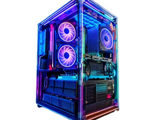 Modern Gaming Desktop PC Tower with RGB Lights, isolated on a transparent background