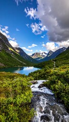 Mountain lake vista with flowing water