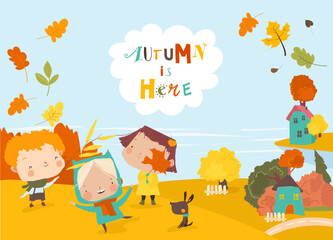 Happy Kids playing in Meadow in Countryside Village Surrounded by Autumn Garden and Trees