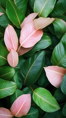 Vibrant green leaves intermingled with delicate pink foliage create a soothing backdrop reminiscent of a serene garden. Ideal for evoking peace and harmony in interiors.