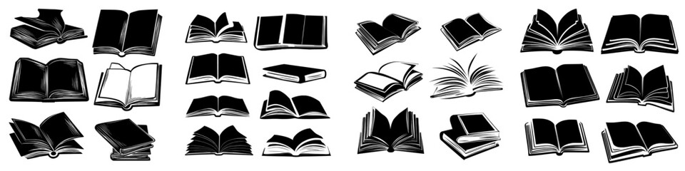 A collection of illustrations featuring books, including open and closed textbooks, dictionaries, and novels with blank covers, comprises a modern doodle set of literary icons suitable for libraries