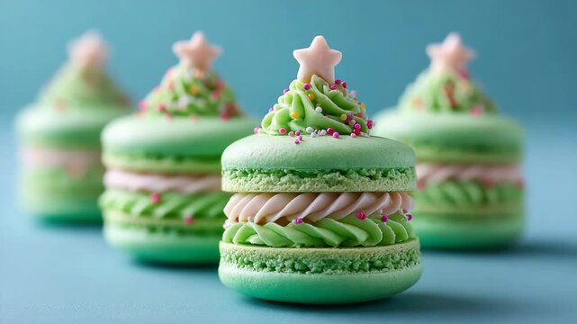 Decorative green macarons with festive topping on blue background  
