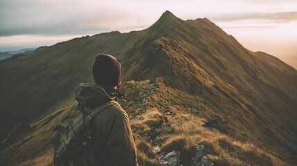 climbing. Solo hiker on mountain trail during golden hour, with blurred mountain backdrop. tourism brochures, itinerary planners, designed for hospitality marketing for hotel rooms and spa retreats.