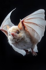 A small, enchanting creature with soft fur and translucent wings glides gracefully in the dark. Its facial expression radiates curiosity, capturing a moment of serene beauty amid the shadows.