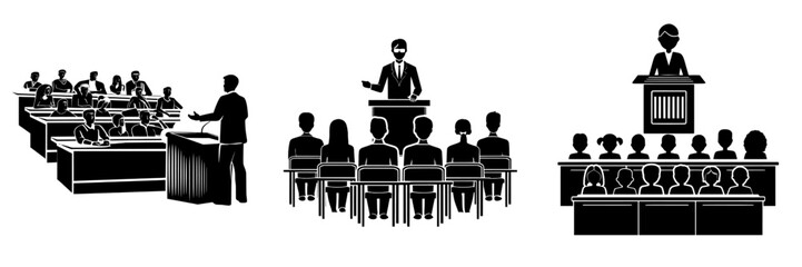 A university lecture hall with a teacher speaking from a pulpit, surrounded by a multiracial group of students, representing concepts of education and international gatherings