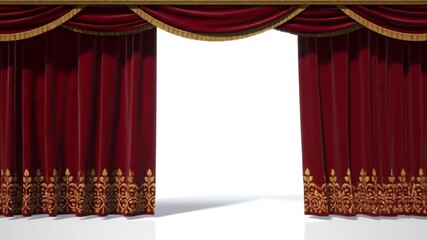 Opulent burgundy curtains, fringed with gold, partly drawn revealing a bright white space behind - Powered by Adobe