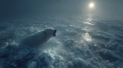 Naklejka premium Powerful polar bear roaring in icy Arctic waters under a hazy sun, creating a dramatic and chilling scene perfect for environmental themes and wildlife stories