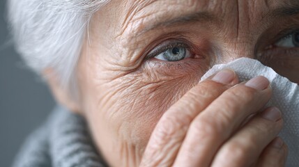 Treat Dry Eye Symptoms. Elderly woman covering her face, expressing deep emotion and vulnerability.