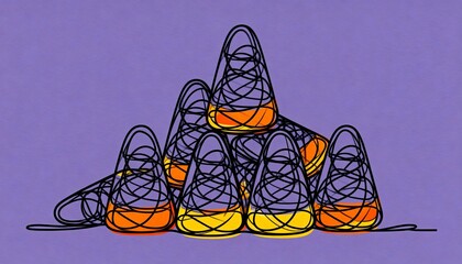 Abstract Peaks Dynamic Black Lines Intertwined with Radiant Orange-Yellow Fills on a Textured Purple Canvas
