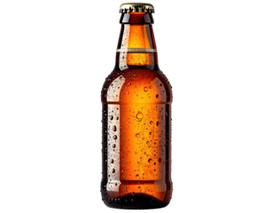 Close-up of a wet amber glass bottle with a metallic cap against a black background