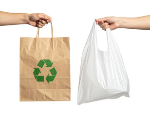 Hands holding a brown paper bag with recycle logo next to white plastic bag