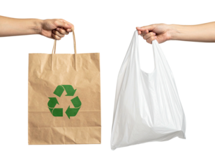 Hands holding a brown paper bag with recycle logo next to white plastic bag