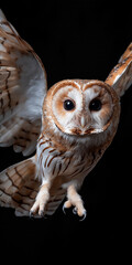 A beautiful owl takes flight against a dark backdrop, its wings spread wide. The unique feather patterns and striking eyes create a mesmerizing sight, evoking a sense of mystery in the night sky.