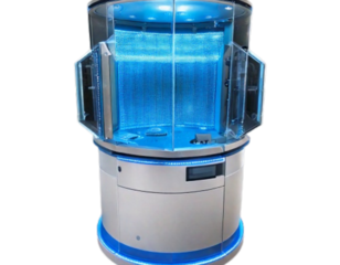 Futuristic Touchscreen Kiosk with Holographic Display, isolated on a transparent background