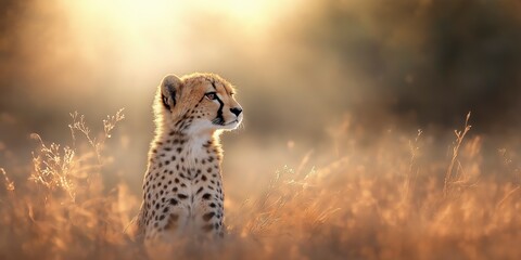 In the fading light of dusk, a young cheetah sits gracefully amidst tall, golden grasses, its gaze directed towards the horizon. The warm hues of sunset create a serene atmosphere.