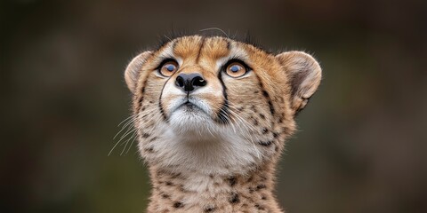 A young cheetah lifts its head, looking towards the sky with curious eyes, surrounded by a warm, serene light that envelops the landscape at dusk.