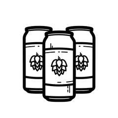 Three beer cans pack with hop label - line vector icon