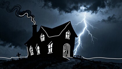 Eerie Haunted House Outline on a Hill with Striking Lightning and Storm Clouds on a Dark Night