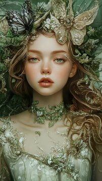 A young girl with long hair and a butterfly on her head