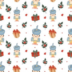 Nutcracker, gifts, holly berry seamless pattern, Festive gift pattern, Holiday background
