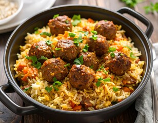Savory meatballs nestled in a bed of saffron-infused rice, garnished with fresh parsley
