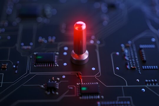 Illuminated red indicator light on a dark circuit board with visible components and trace lines