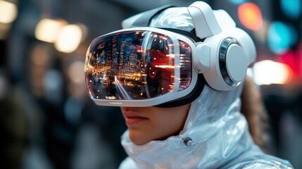 A person wearing a sleek virtual reality headset experiences an illuminated city at night, surrounded by vibrant lights and urban energy.