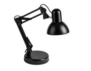 Black desk lamp, articulated arm, round base and shade, isolated on black background