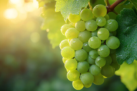 A close-up view of dewy green grapes hanging gracefully on a vine, illuminated by warm sunlight, creating a serene and fresh atmosphere.