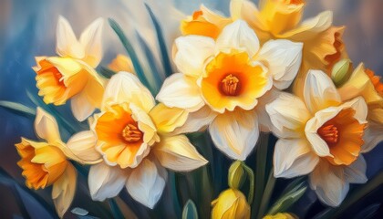 Digital Painting Close Up Of A Bunch Of Daffodil Flowers Oil Painting Floral Bouquet