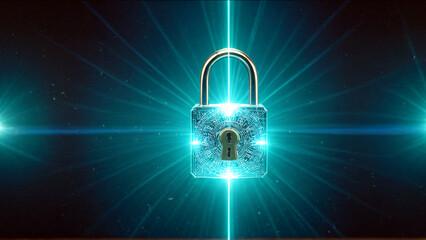 Stunning digital padlock glows with futuristic blue light symbolizing advanced cybersecurity and data protection.