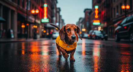Dachshund Dog in Yellow Raincoat Walks on Wet City Street at Night

A charming Dachshund (or 'wiener dog') wearing a bright yellow raincoat is captured walking down a wet, reflective city street