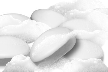 Beauty soap bars with lots of foam with white background