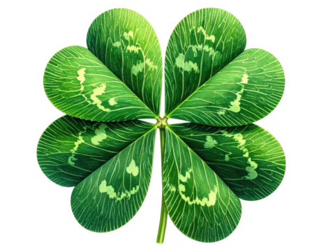 A close-up of a detailed four-leaf clover with intricate vein patterns