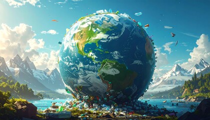 Vibrant Earth Globe in Pristine Mountain Landscape, Symbolizing Environmental Harmony.