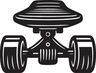 Retro futuristic flying saucer vehicle with large wheels and a domed top in a bold black and white graphic style